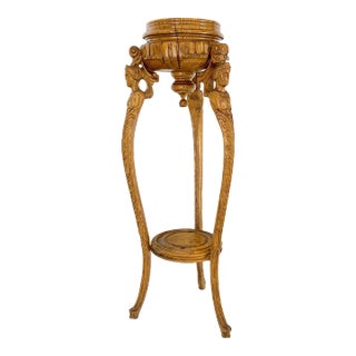 Antique Carved Oak Tripod Tri legged Plant Stand For Sale