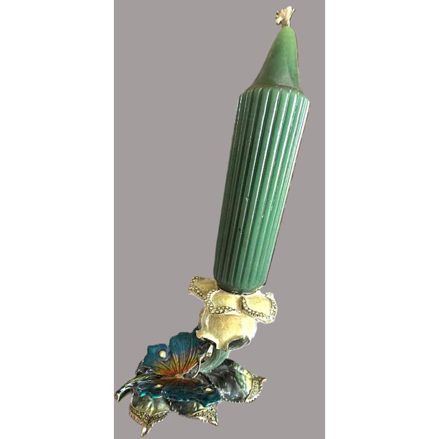 Hollywood Regency Vintage Ornate Enameled Floral Butterfly Candlestick Whimsy Fairy For Sale - Image 3 of 12