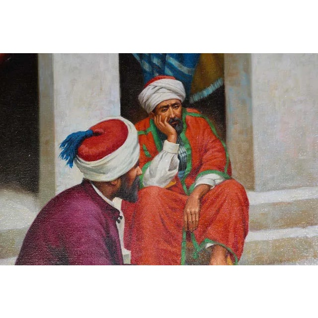 Moroccan Orientalist Oil Painting of a Rug Market For Sale - Image 9 of 11