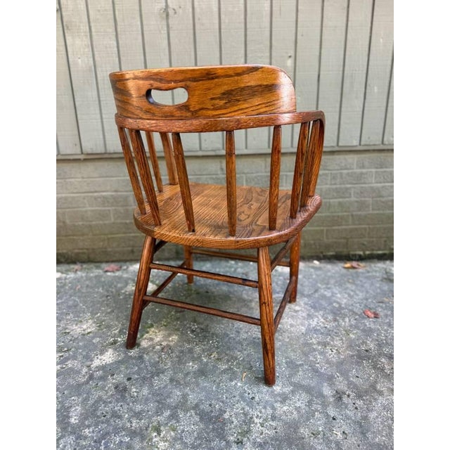 Pair of Arts and Crafts Firehouse Oak Windsor Pub Chairs For Sale - Image 4 of 17