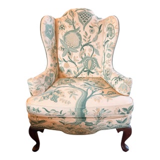 1980s Woodmark Originals Queen Anne Style Crewelwork Wing Chair Mary Webb Wood For Sale