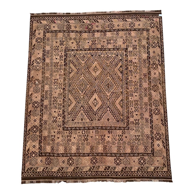 Afghan Maliki Kilim Area Rug, Handwoven Wool, 8x10, Camel & Brown For Sale