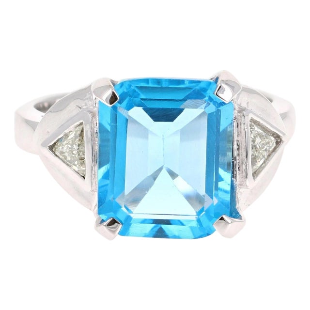 6.94 Carat Blue Topaz Diamond 14 Karat White Gold Ring, Size 7.5 For Sale