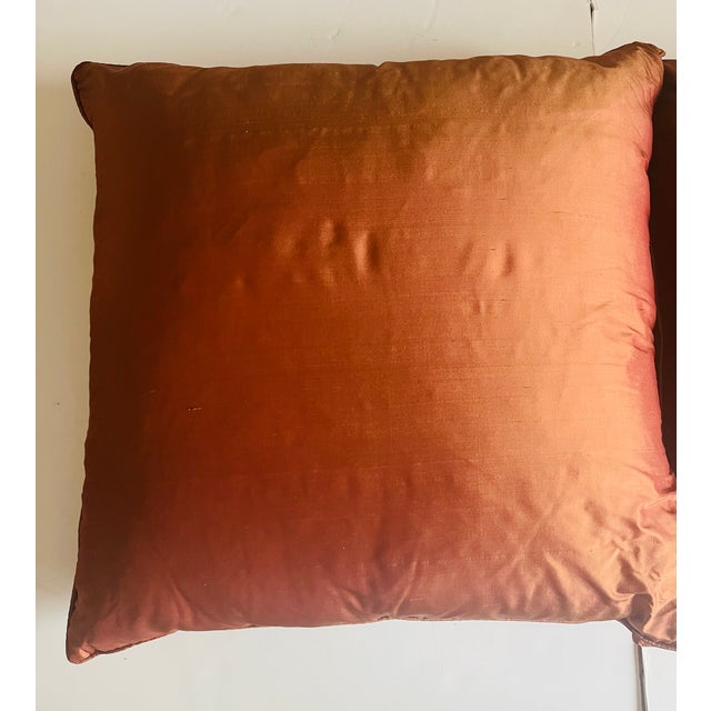 Shabby Chic Gorgeous Pair Copper Taffeta Silk Pillows Feather Down 22” For Sale - Image 3 of 3
