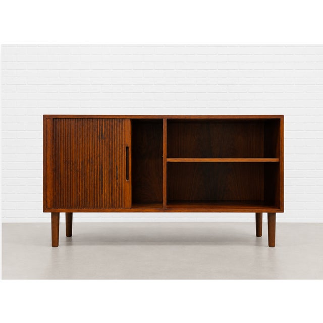 Danish Rosewood Mid Century Modern Credenza | Tambour Door Media Cabinet | Scandinavian Storage Console, C. 1960’s For Sale In New York - Image 6 of 16