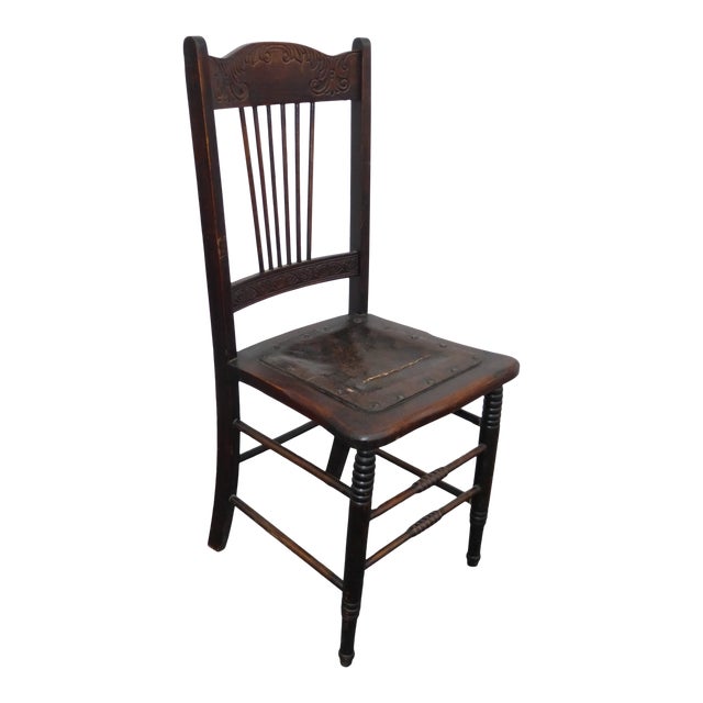 Unique Antique Carved Rustic Farmhouse Wood Side Chair W Leather Seat Chairish