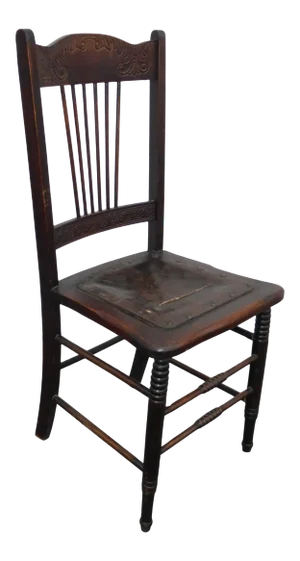 Vintage Carved Rustic Farmhouse Wood Side Chair W Leather Seat