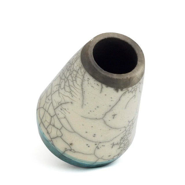 Contemporary Middle Eastern Modern Green White Black Metal Raku Ceramic Kazan Vase by Laab Milano For Sale - Image 3 of 5