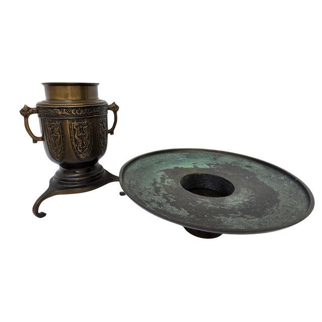 Antique Japanese Patinated Bronze Usubata Vase With Lion Handles & Verdigris Top – 2-Piece Ikebana Form For Sale - Image 9 of 16