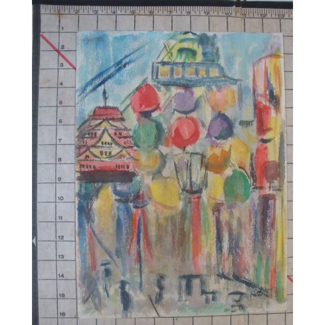 Mid-Century Modern Abstract Mid-Century Modern Festival Street Scene Watercolor Painting For Sale - Image 3 of 3