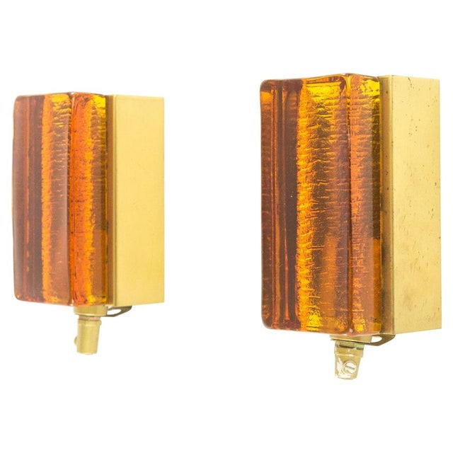 Gold Atlantic Wall Lamps in Amber by Vitrika, 1970s, Set of 2 For Sale - Image 8 of 8