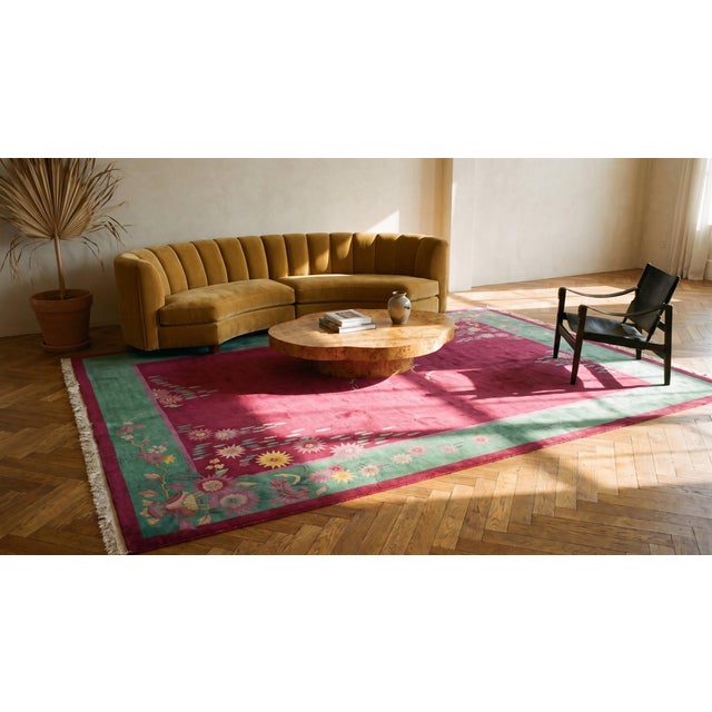 Blush 1920s Pink Blush Floral Modern Antique Chinese Art Deco Rug 8'9" X 11'4" Wool Handknotted Carpet For Sale - Image 8 of 9