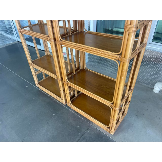 Vintage Pair of Tall Architectural Palm Beach Style Rattan Étagères For Sale - Image 11 of 12