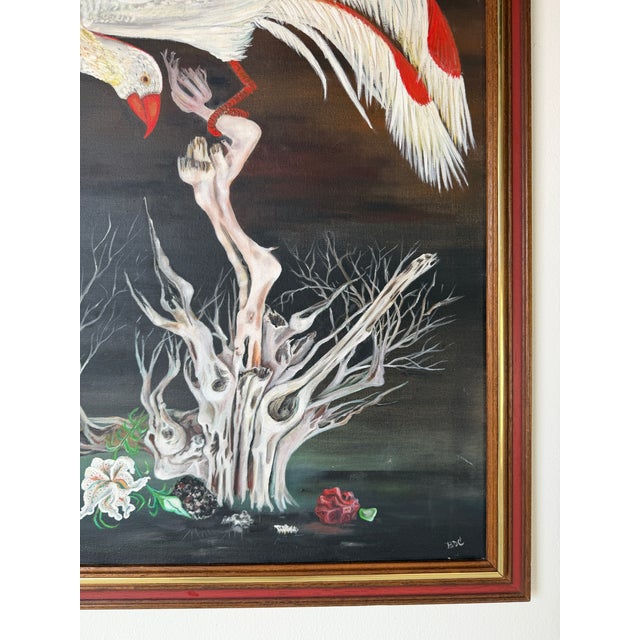 Black 1970s Vintage Surrealist Bird & Tree Oil on Canvas Painting, Framed, Signed b.d.c. For Sale - Image 8 of 12