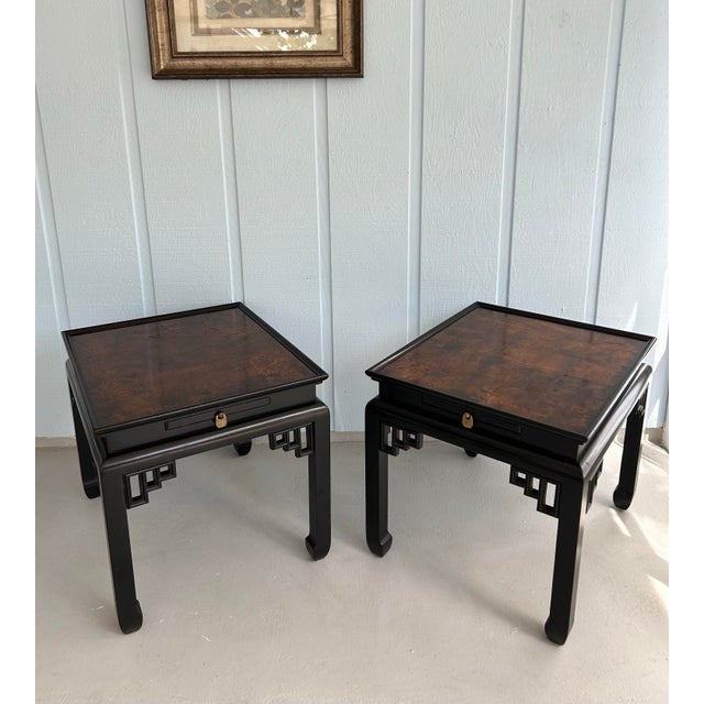 Ethan Allen Chinoiserie Side End Table-Black Lacquered Burl Elm Nightstand-Vintage Chinese Ming Style Lamp Stand-Antique Bedside Table For Sale - Image 10 of 12