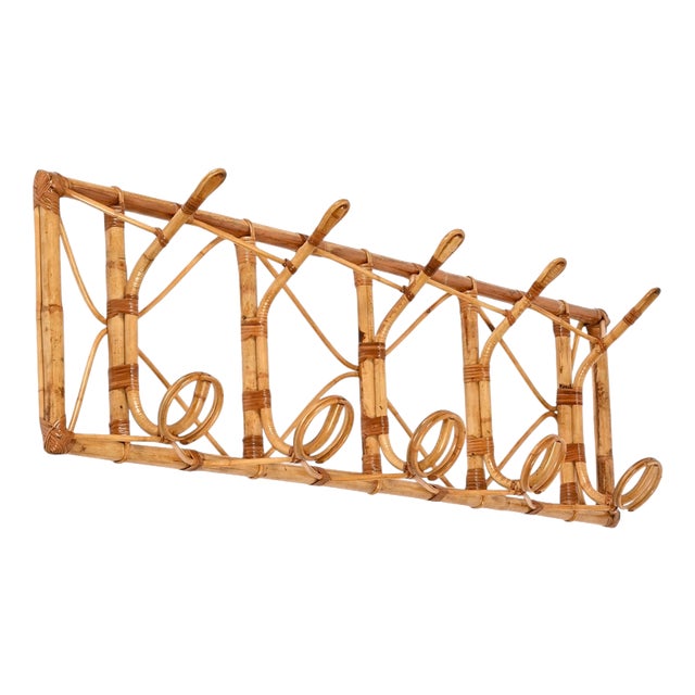 Large French Riviera Bamboo and Rattan Wall Coat Rack, Italy, 1970s For Sale