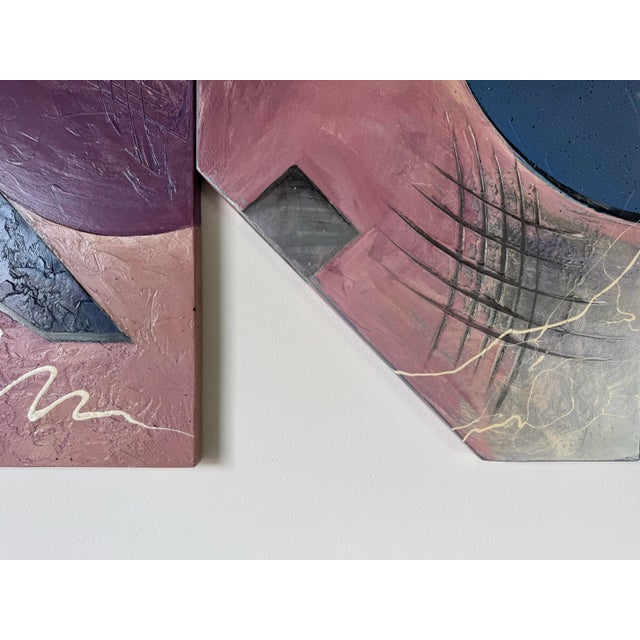 Mauve 1980s Vintage Expressionist Abstract Composition Mixed Media Textured Acrylic Paintings – Set of 3 For Sale - Image 8 of 12