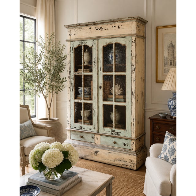 Charming French Provincial display cabinet featuring a beautifully timeworn painted finish in soft cream and sage green...