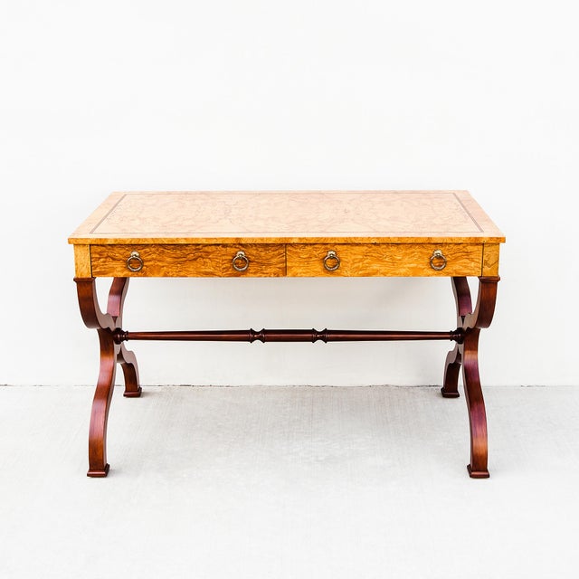 Baker Furniture Company Restored Burl & Brass Vintage Regency Writing Desk by Baker For Sale - Image 4 of 15