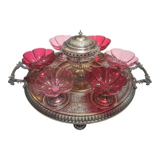 Antique WMF Silver on Bronze Centerpiece With Lobmeyr Quadrafoil Footed Bowls For Sale