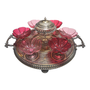 Antique WMF Silver on Bronze Centerpiece With Lobmeyr Quadrafoil Footed Bowls