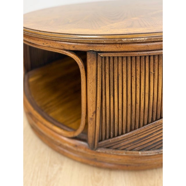Brown Mid 20th Century Pencil Reed Rattan Burlwood Inlay Round Coffee Table Gabriella Crespi Style Rare For Sale - Image 8 of 12