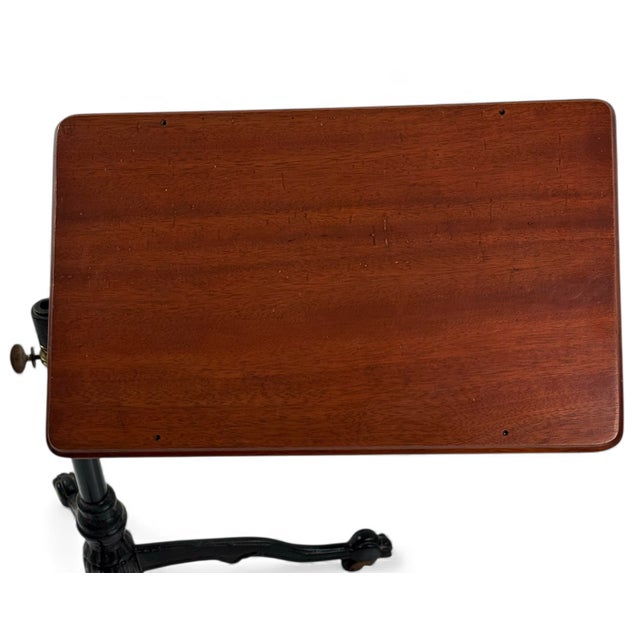 Victorian 19th Century Antique Cast Iron Drafting Reading Side Table or Desk, Adjustable Lectern With Oak Top & Paw Foot Base For Sale - Image 3 of 12