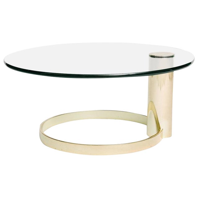 Modern Round Brass And Glass Cantilevered Coffee Table By John