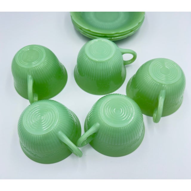 1940s Anchor Hocking Fire King Alice Jadeite Coffee Tea Cup & Saucer 9pc Lot For Sale In Palm Springs - Image 6 of 14