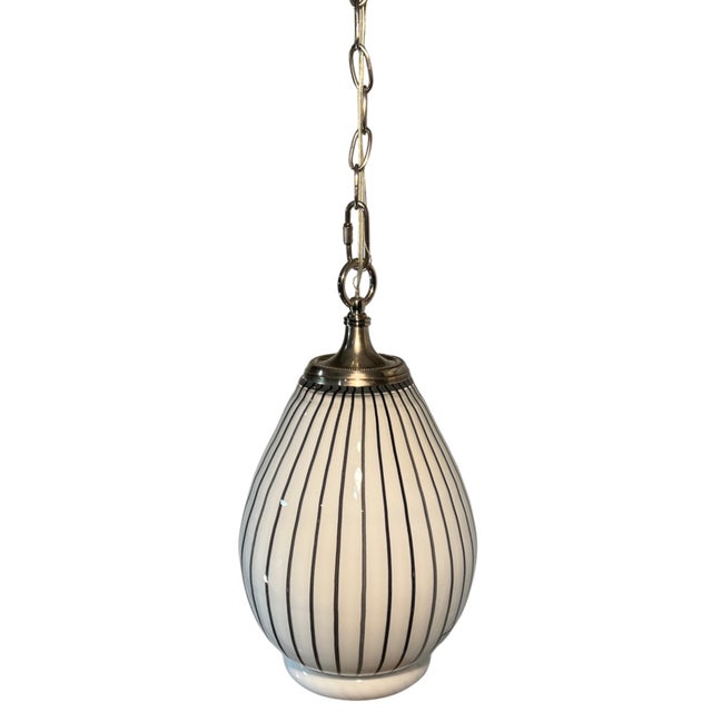 Vintage Murano Striscia Art Glass White Oval Pendant Light With Black Stripes For Sale In New York - Image 6 of 18