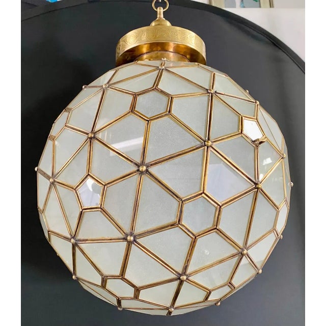 1990s Art Deco Style Globe White Milk & Brass Chandelier, Pendant or Lantern For Sale - Image 5 of 11