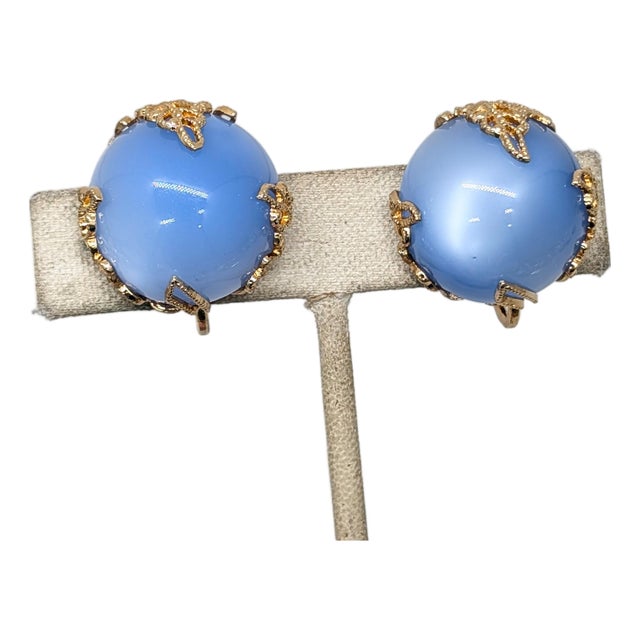 Vintage 1950s Signed Napier Round Blue "Moonglow" Clip Earrings - 2 Pieces For Sale