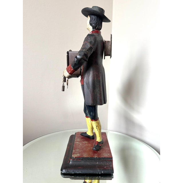 Antique Style Painted Cast Iron Dutch Peddler Clock Figure Folk Art Uhrenträger Mantelpiece Decor For Sale In Portland, ME - Image 6 of 8