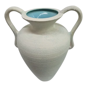 Vintage Haeger Pottery White & Aqua Textured Handled Floor Vase/ Jug