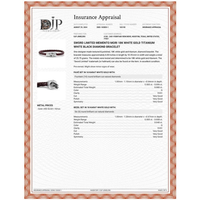 Brown Sword Limited Memento Mori 18k White Gold Titanium White Black Diamond Bracelet For Sale - Image 8 of 9