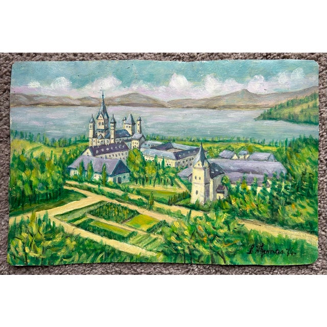Vintage 1976 original oil painting of Maria-Laach Abby in Germany. Painted on a metal panel and unframed. Signed to the...