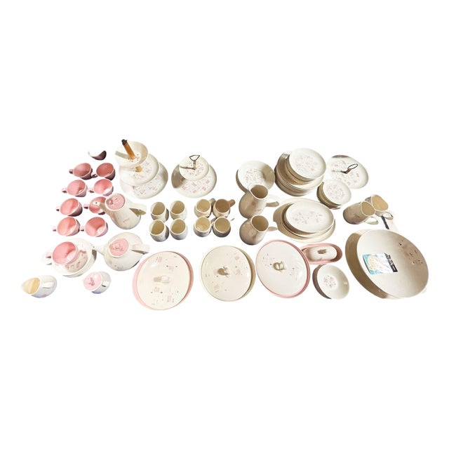 1950s "Tickled Pink" Serverware Dinner Plate Platter Bowl Set by Vernonware - 110 Piece For Sale