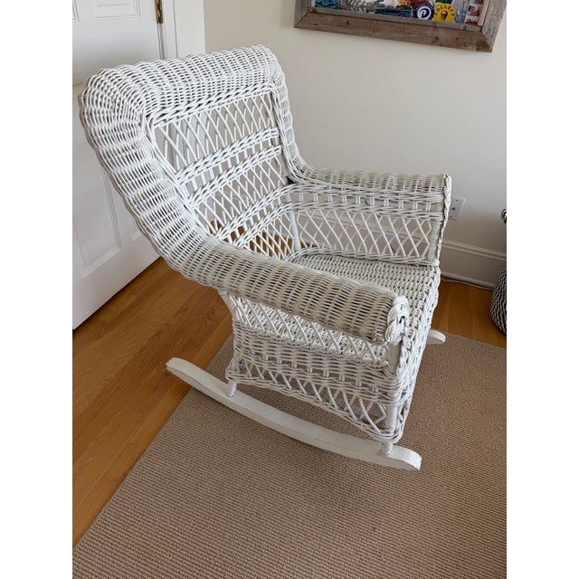Farmhouse Vintage White Wicker Rocking Chair For Sale - Image 3 of 12