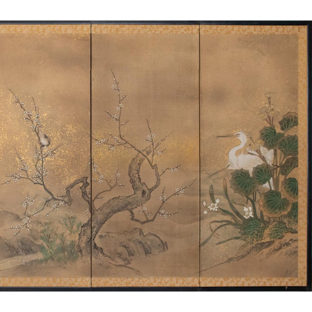 Japanese "Egrets and Sparrow", C. 1950s Japanese Yamato-E Style Byobu Screen For Sale - Image 3 of 18