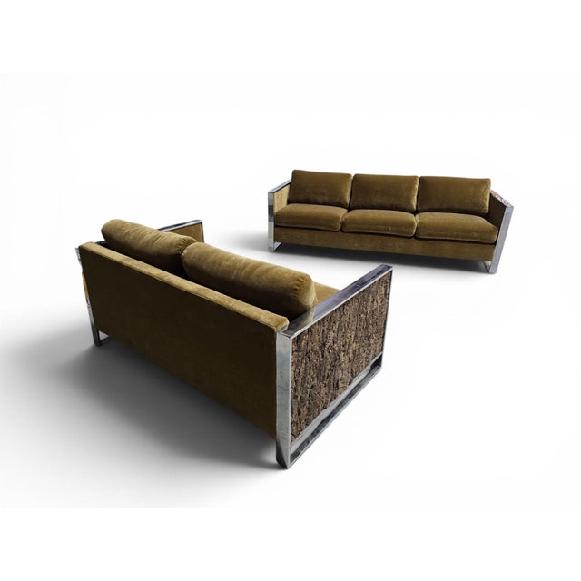Mid Century Modern Adrian Pearsall Chrome Flat Bar Cork Sided Sofa & Loveseat Set Newly Reupholstered in Camel Mohair -...