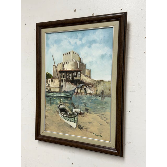 Design Plus Gallery presents a Vintage Signed Harbor Scene Oil Painting by artist F. Yayboke. This vintage oil painting...