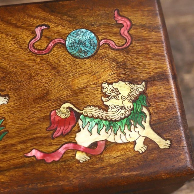 Vintage Chinese Rosewood Box With Mother-of-Pearl Fu Dogs & Jade Clasp For Sale - Image 4 of 9