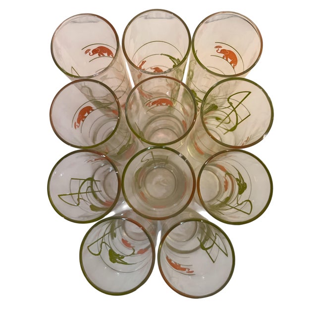 Mid-Century Modern 1950s Federal Glass Pink Elephant & Chartreuse Monkey Highball Cocktail Glasses - Set of 11 With Charms For Sale - Image 3 of 12