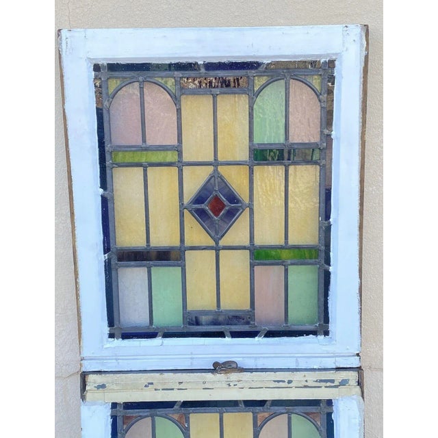 Antique Art Deco Leaded Stained Glass Pink Green Blue Yellow Windows - (2) Pair For Sale - Image 4 of 13
