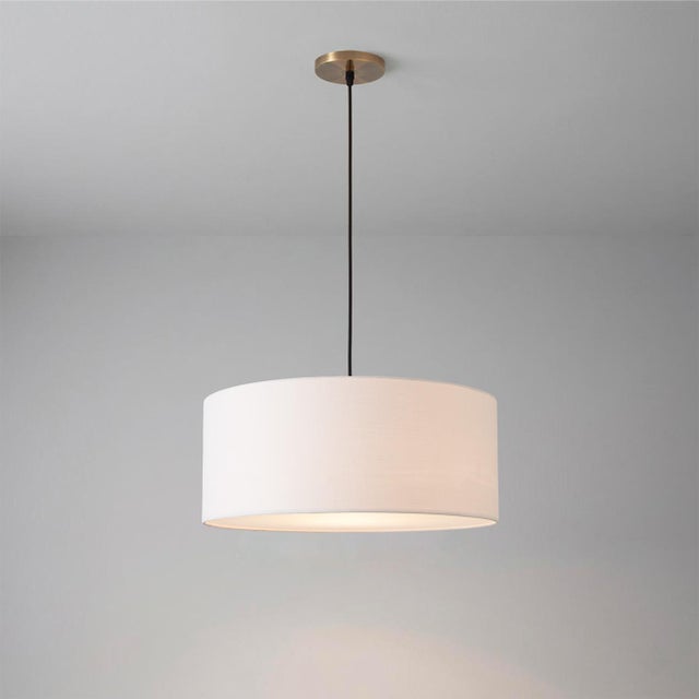 Modern Stretch Pendant Light - Weathered Brass Steel, Drum White Linen Shade, Dimmable, Elegant Design For Sale - Image 3 of 5