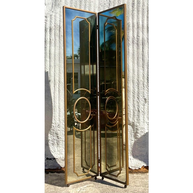 Traditional Vintage Regency Gilt Mullion Smoked Mirror Folding Screen For Sale - Image 3 of 7