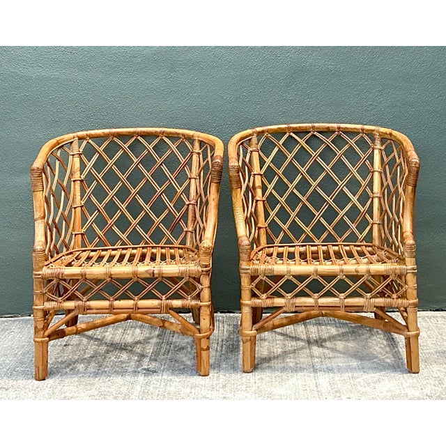 Mid-Century Modern Vintage Trellis Rattan Lounge Chairs - A Pair For Sale - Image 3 of 12