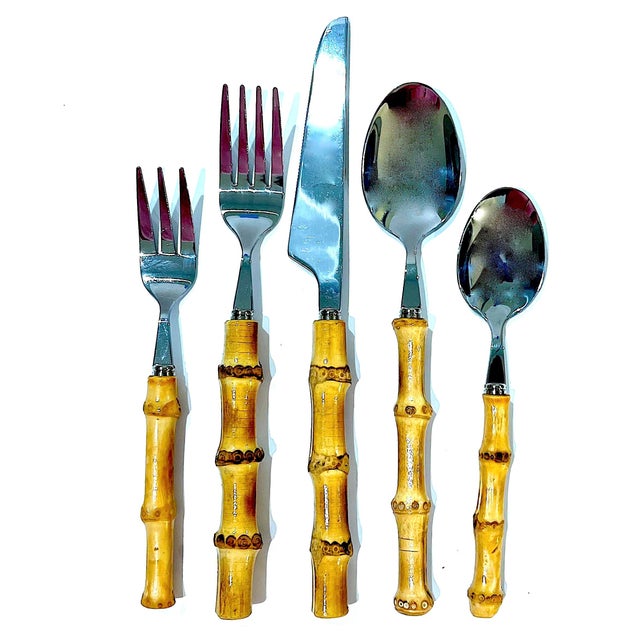 1990s Bamboo and Polished Stainless Steel Flatware - 20 Piece Set - Four 5 Place Settings For Sale - Image 4 of 12