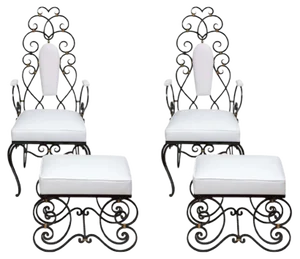 Iron Armchairs with Footstools, 1940s, Set of 4