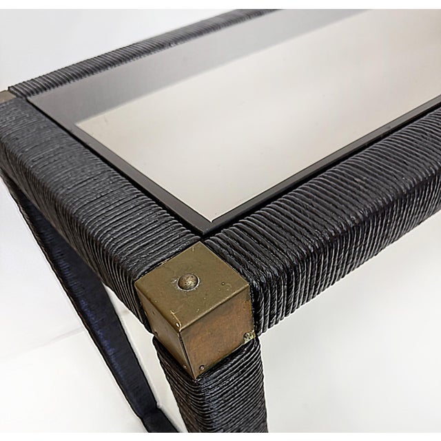 Vintage Wrapped Lacquered Cord Console Table, Inset Glass Top, Brass Accents For Sale - Image 4 of 7